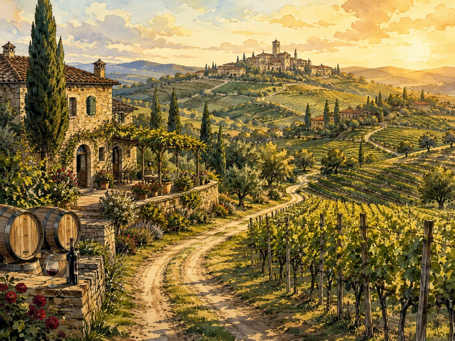 Chianti vineyards with stone farmhouse, wine barrels, cypress trees, winding road, and medieval hill town
