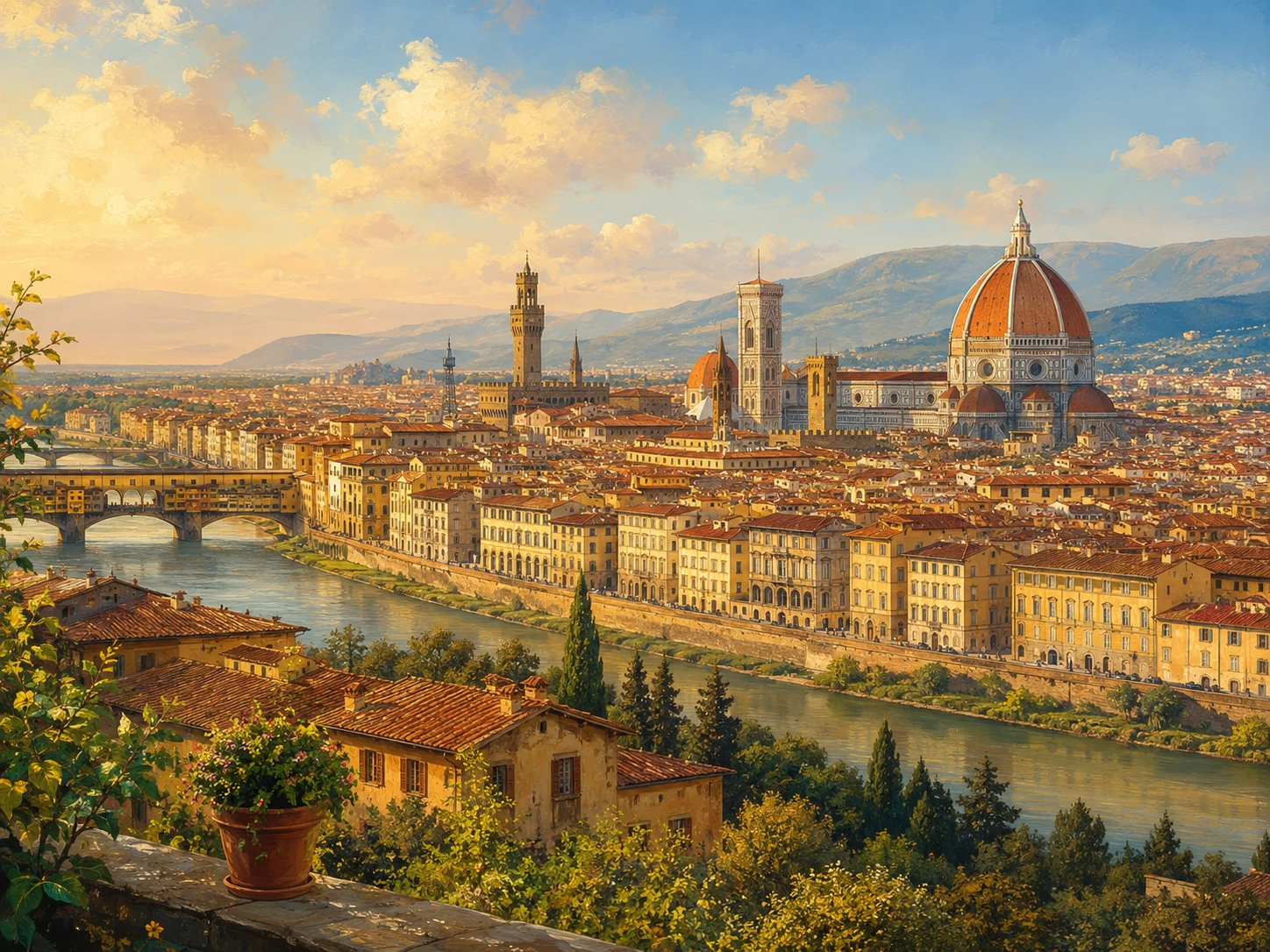 Florence skyline with Cathedral of Santa Maria del Fiore, Ponte Vecchio, Arno River, terracotta rooftops, and Tuscan hills