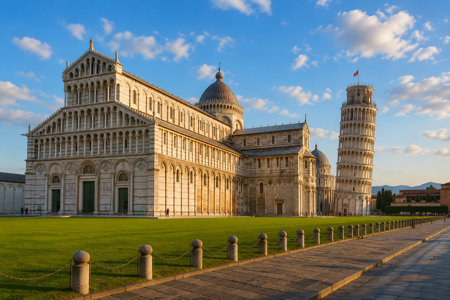 Pisa Cathedral and Leaning Tower beside the green lawn of Piazza dei Miracoli in warm evening light