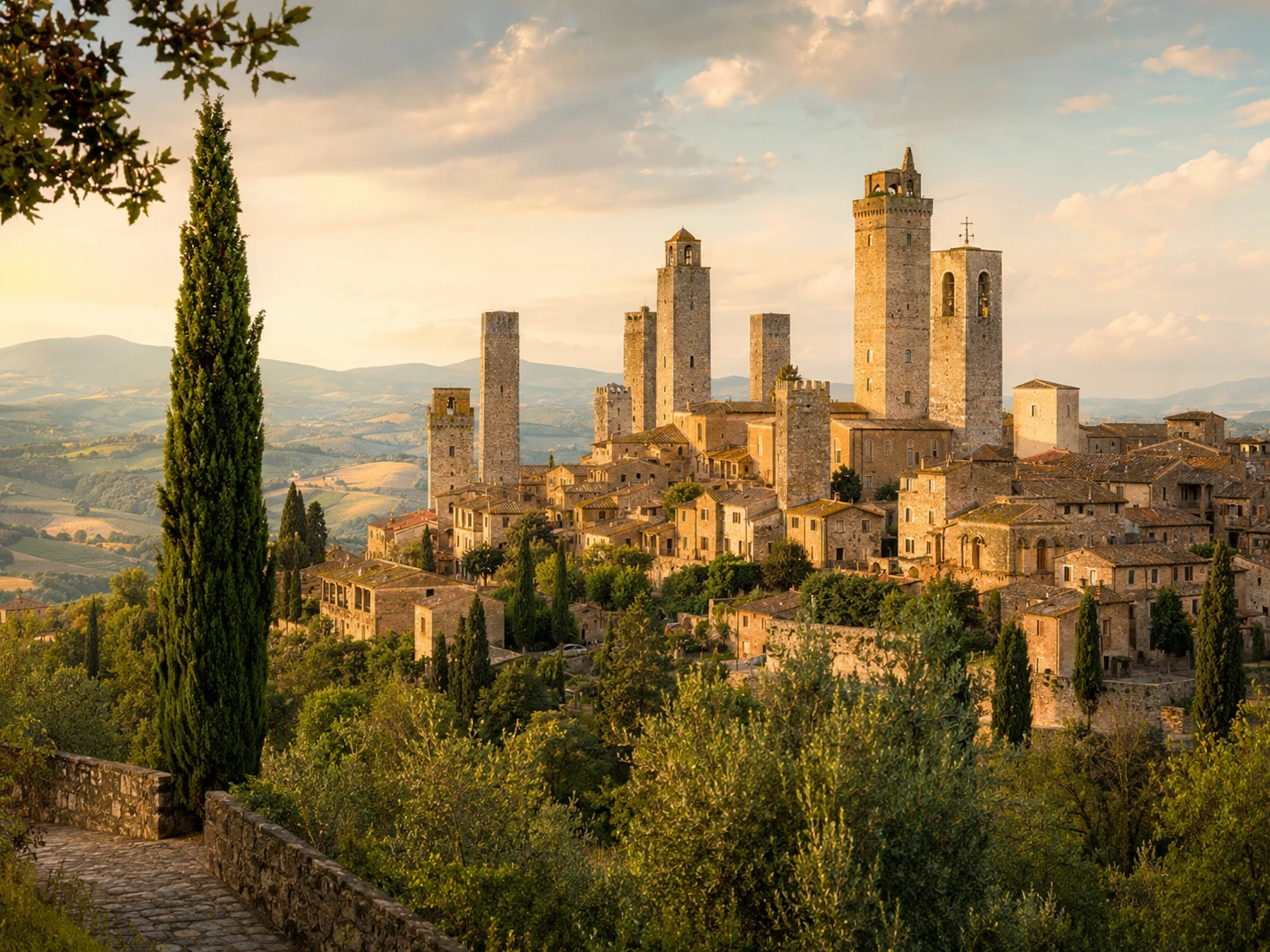San Gimignano skyline with medieval stone towers, cypress trees, olive groves, and Tuscan countryside at golden hour