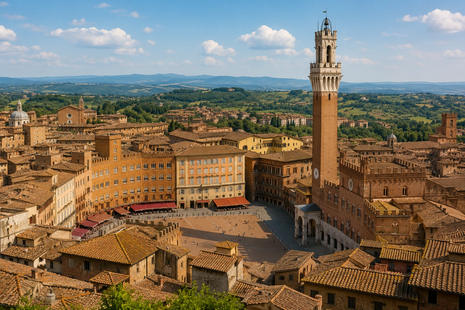 Panoramic Siena view with Piazza del Campo, Torre del Mangia, terracotta rooftops, and green Tuscan hills