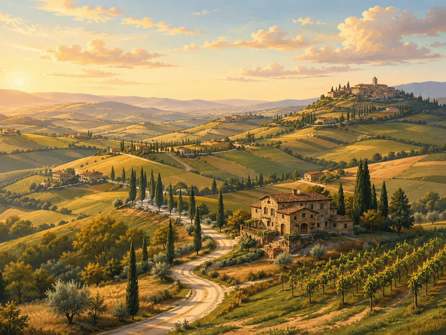 Val d'Orcia landscape with rolling golden hills, cypress road, vineyards, stone farmhouse, and hilltop village
