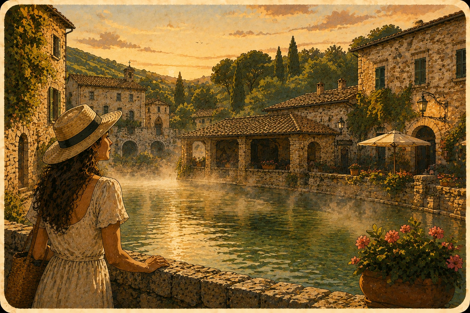 Complete Bagno Vignoni travel infographic with thermal pool, stone village, map, nearby spas, landscape, and local tips