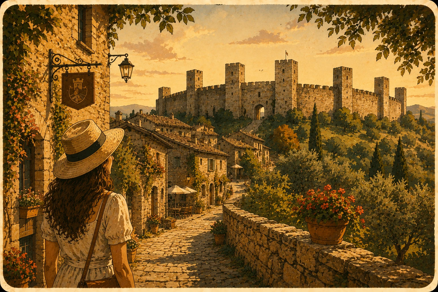 Complete Monteriggioni travel infographic with fortified walls, towers, town map, medieval streets, viewpoints, and local food