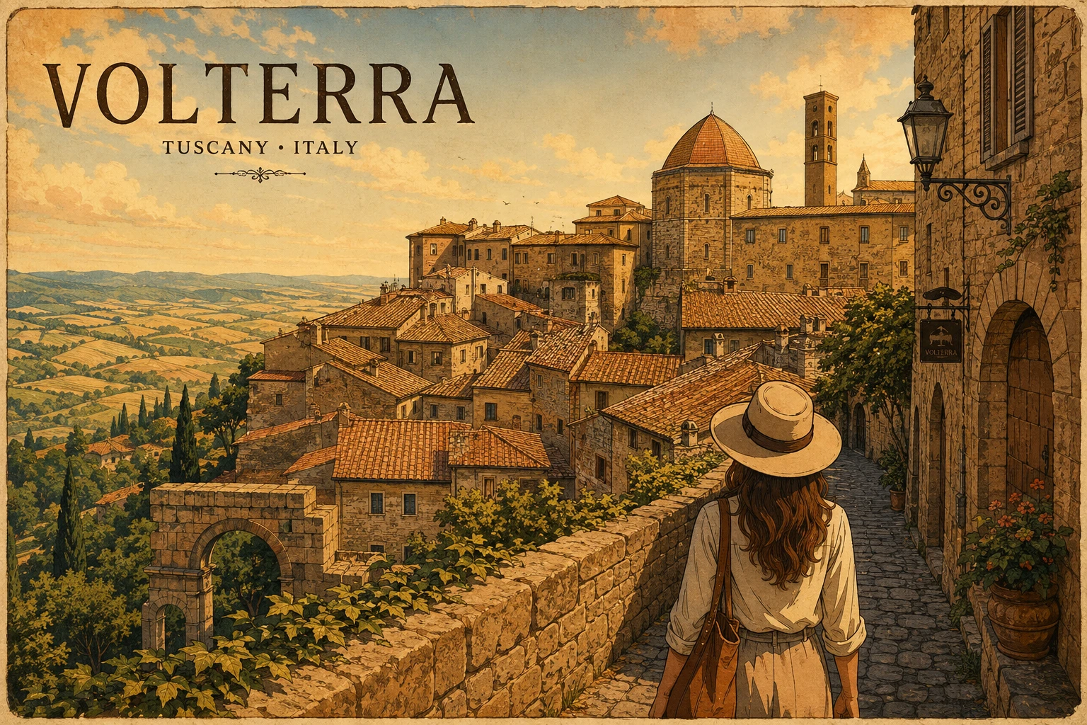 Complete Volterra travel infographic with Etruscan gate, Roman theater, medieval town, alabaster crafts, map, and viewpoints