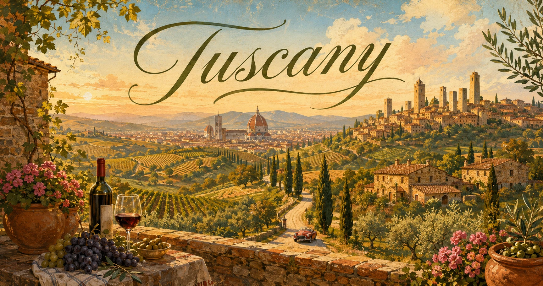 Panoramic Tuscany landscape with rolling hills, vineyards, cypress trees, stone farmhouse, and medieval hill town