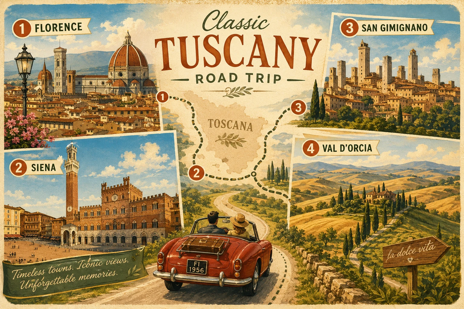 Classic Tuscany road trip with vintage convertible, vineyards, cypress trees, Florence, Siena, and San Gimignano