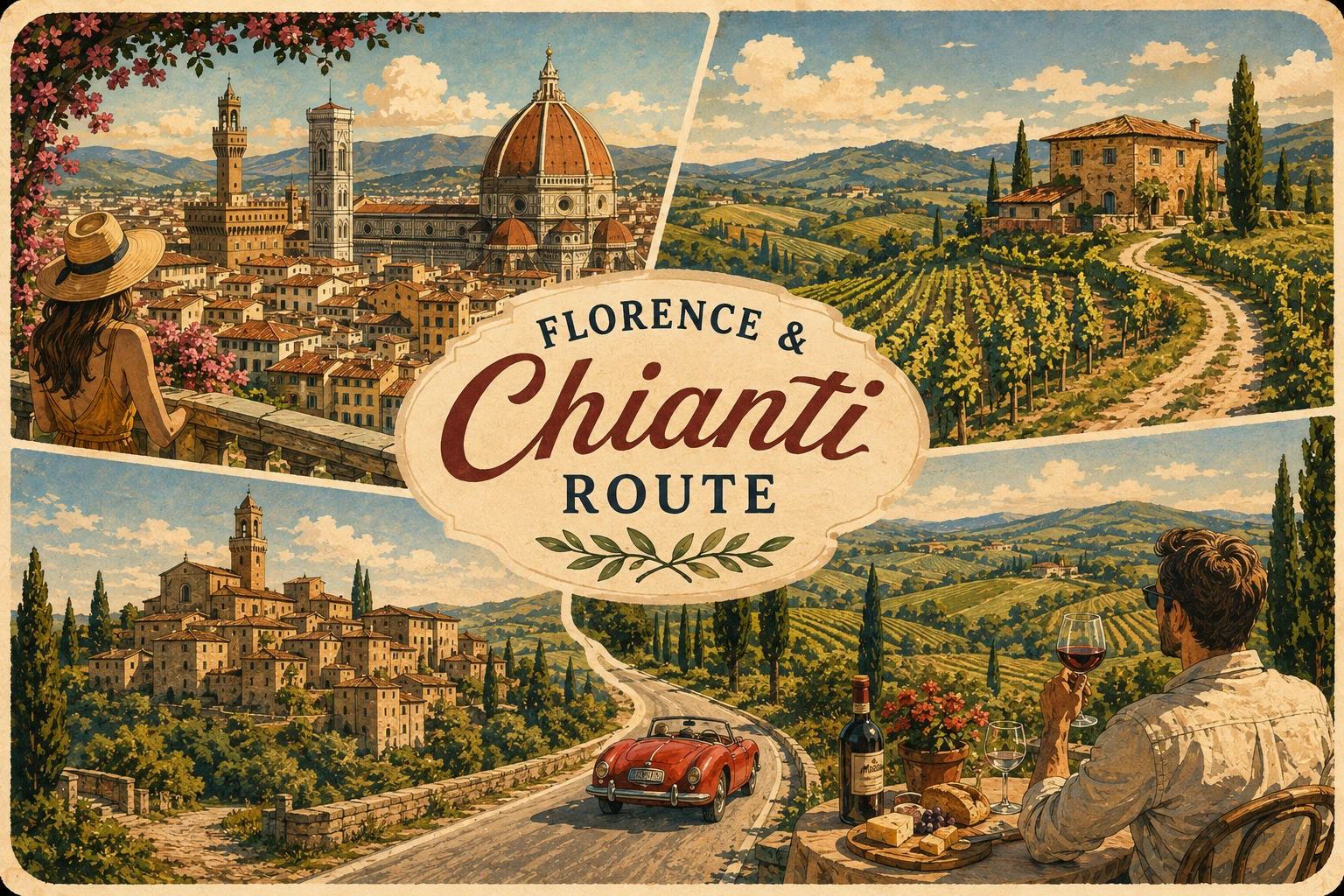 Scenic road from Florence into Chianti vineyards with vintage car, wine estate, cypress trees, grapes, and red wine