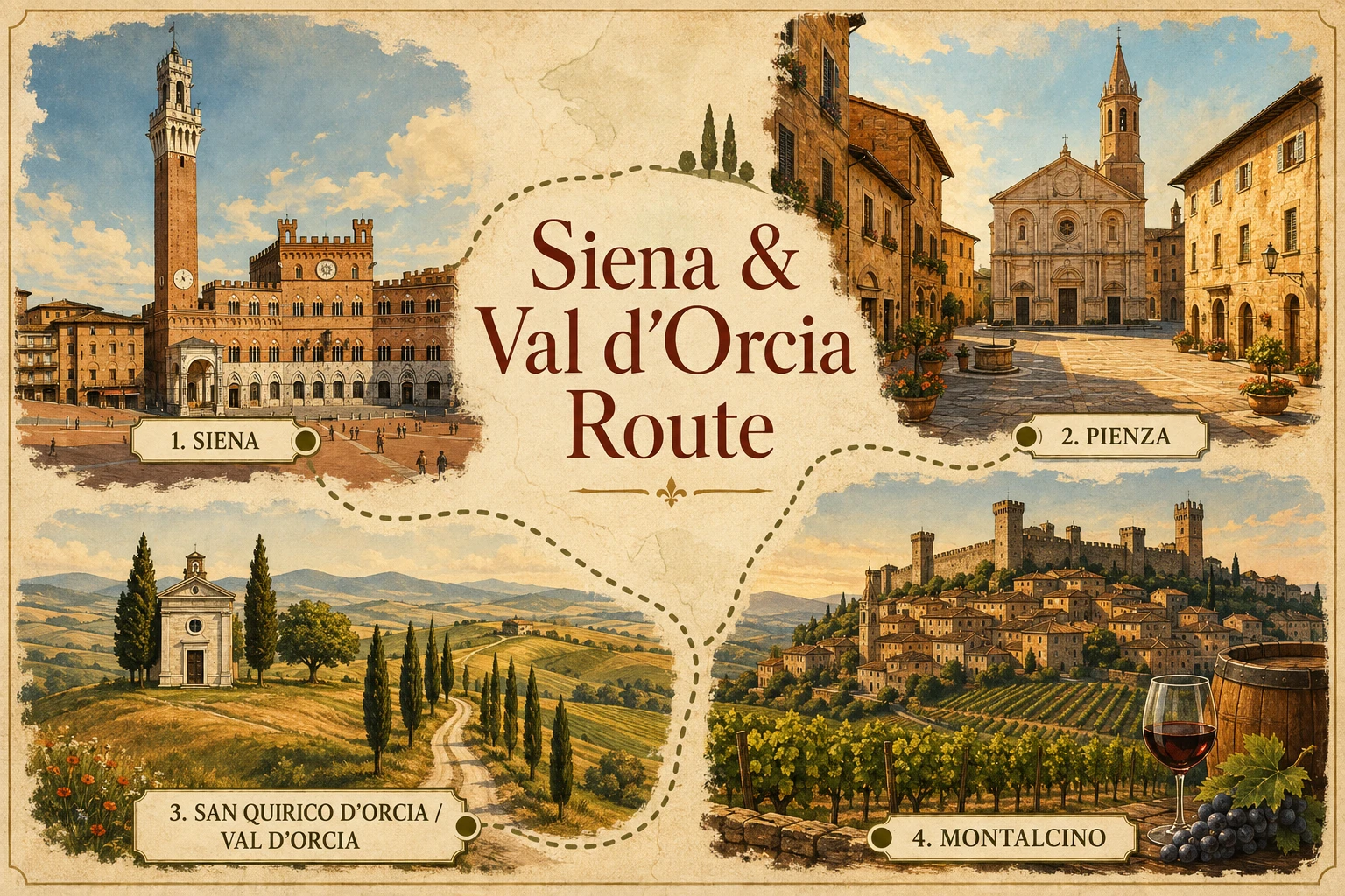 Illustrated Siena and Val d'Orcia route map with Siena, Monteriggioni, San Quirico, Bagno Vignoni, Pienza, and Montalcino