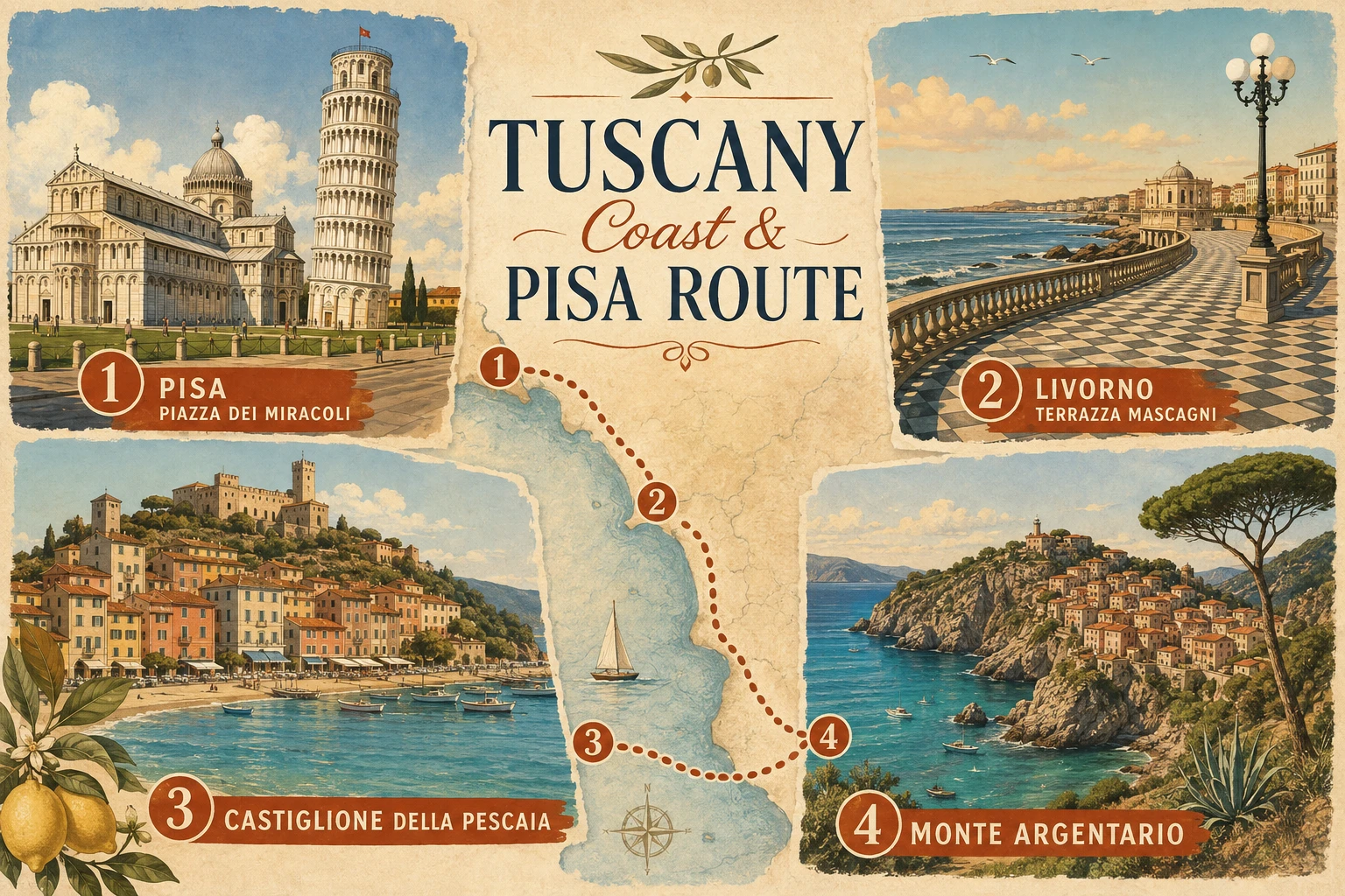 Illustrated Tuscany coast and Pisa road-trip map with Livorno, Castiglioncello, Bolgheri, beaches, and Leaning Tower