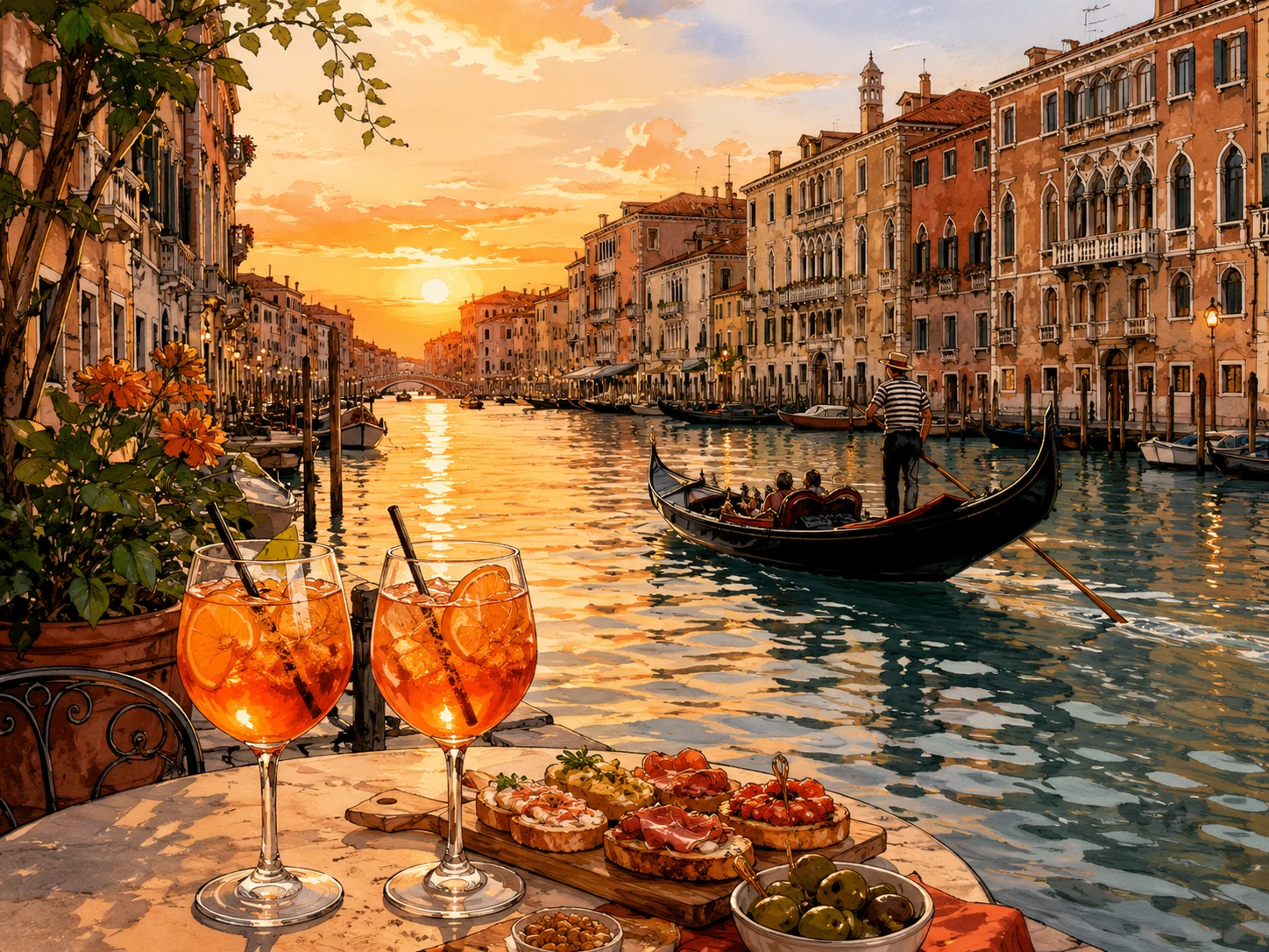 Aperitivo drinks and cicchetti beside a Venetian canal at sunset