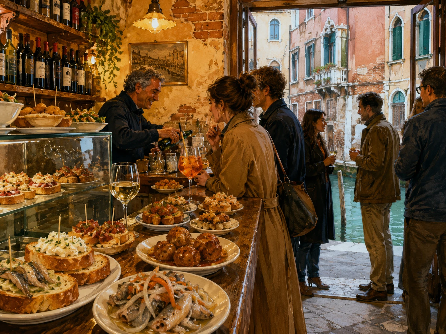 Traditional Venetian bacaro serving cicchetti, wine and spritz