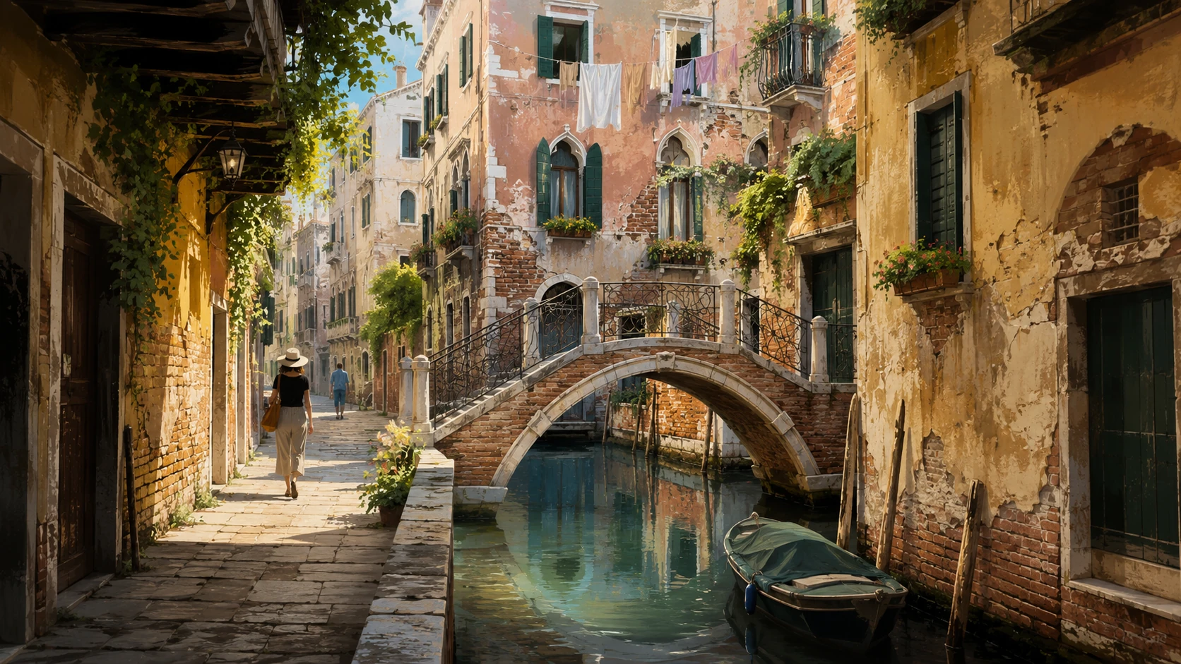 Quiet Venetian backstreet beside a narrow canal and brick bridge