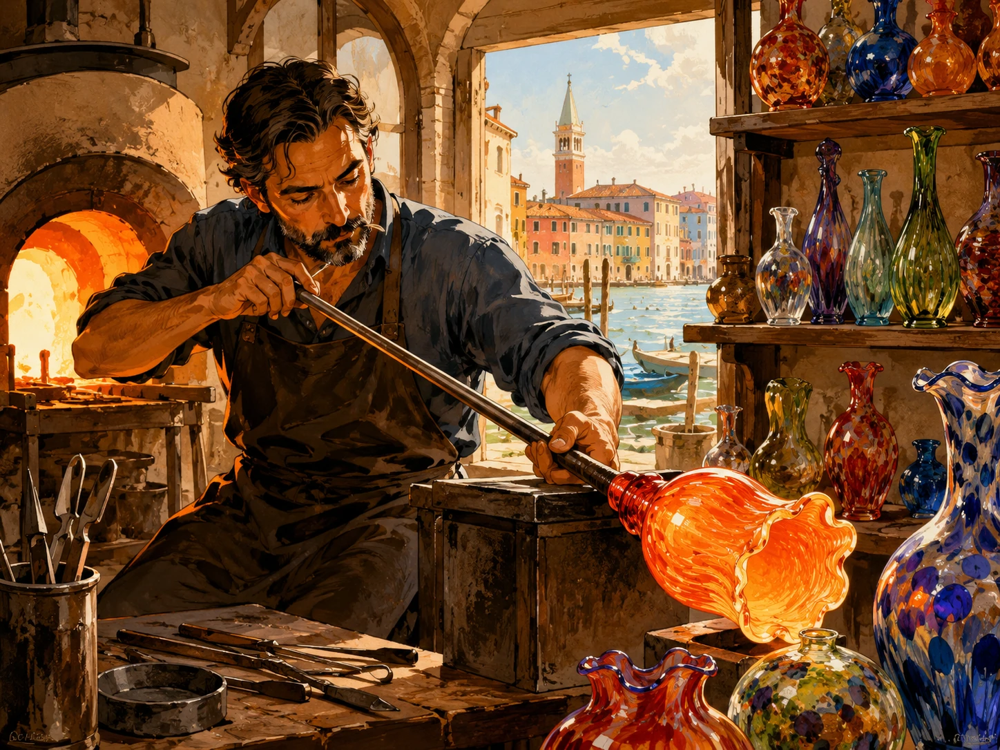 Murano glass artisan shaping molten glass beside a glowing furnace