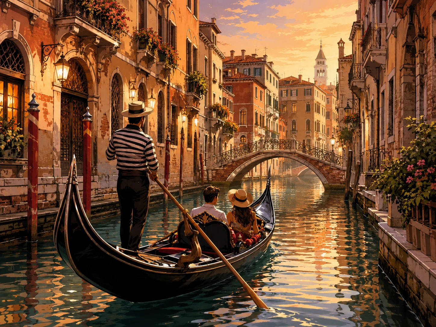 Gondola carrying passengers through a quiet Venetian canal at golden hour