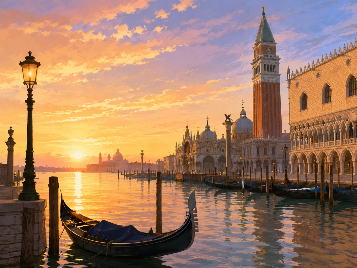 Sunrise over St. Mark's waterfront and gondolas in Venice