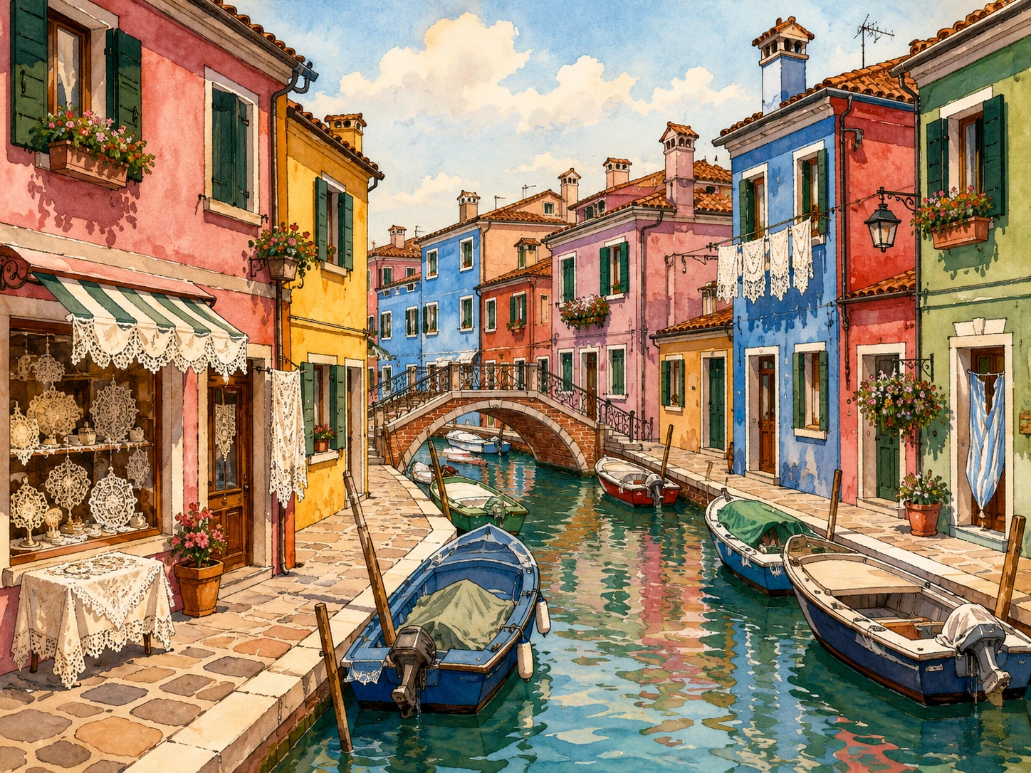 Illustration of Burano Island with colorful houses, canals, and lace shops