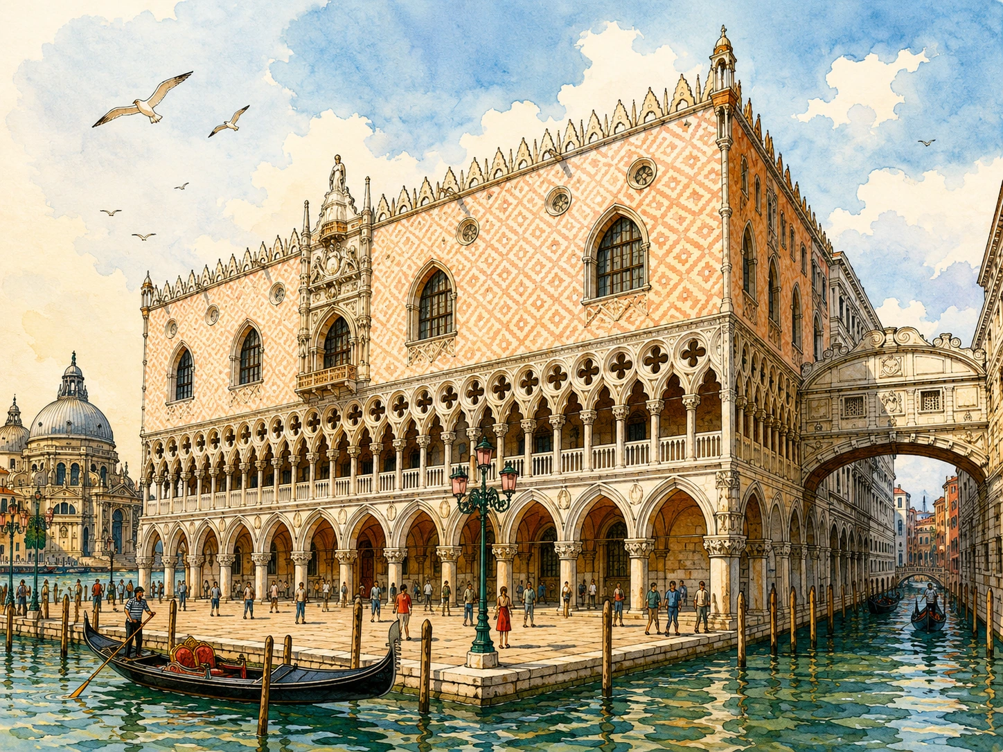 Illustration of Doge's Palace beside the lagoon and Bridge of Sighs in Venice
