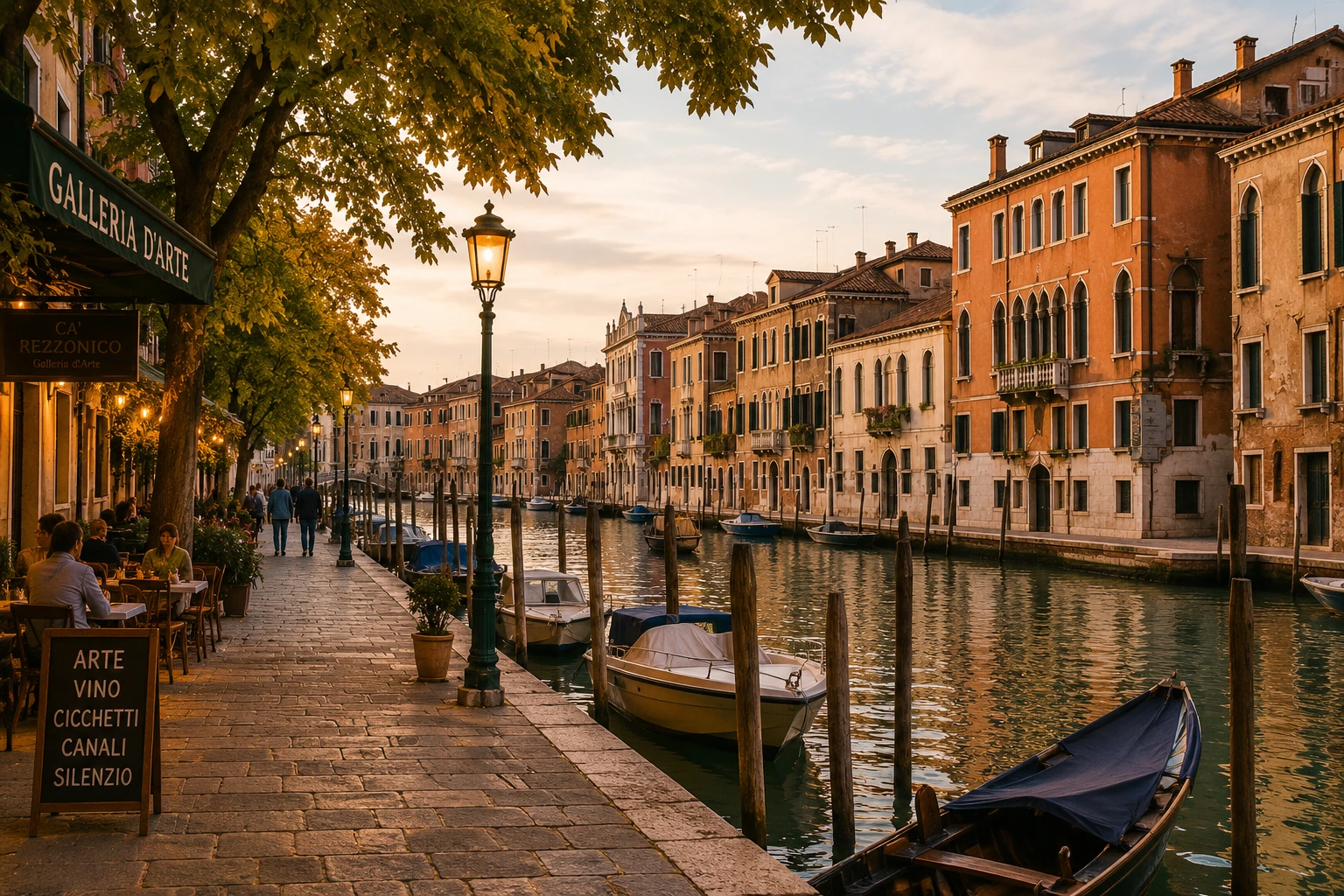 Illustration of Dorsoduro District with quiet canals, galleries, and local bars