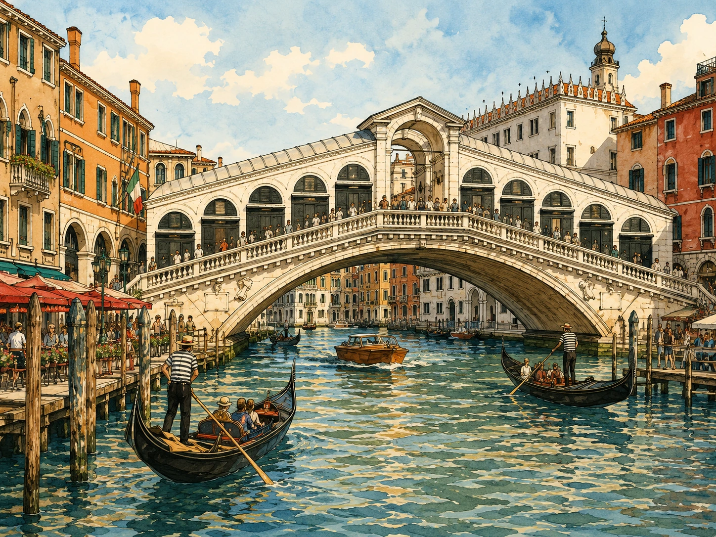 Illustration of Rialto Bridge over the Grand Canal with gondolas