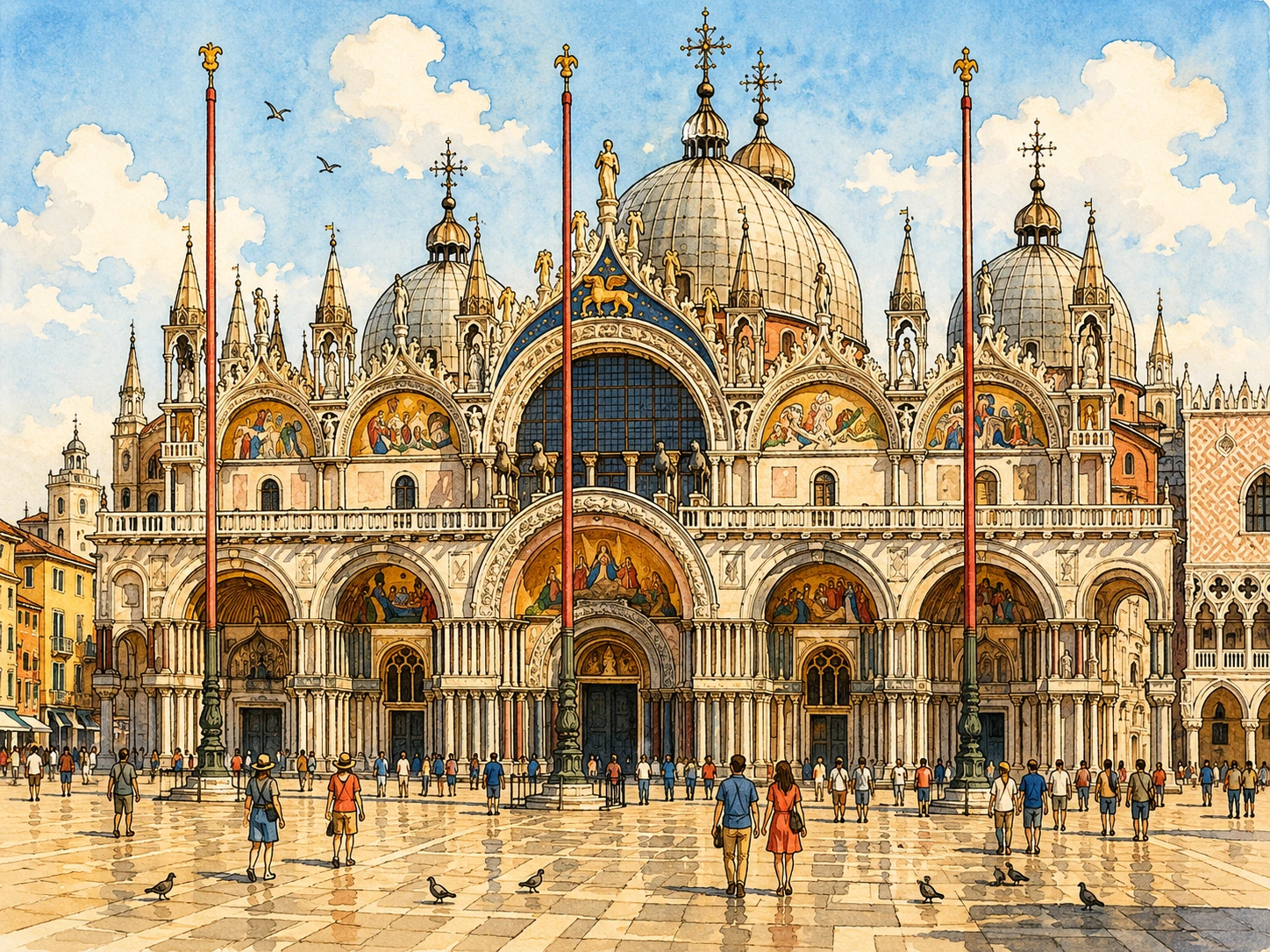 Illustration of St. Mark's Basilica with Byzantine domes and mosaics in Venice