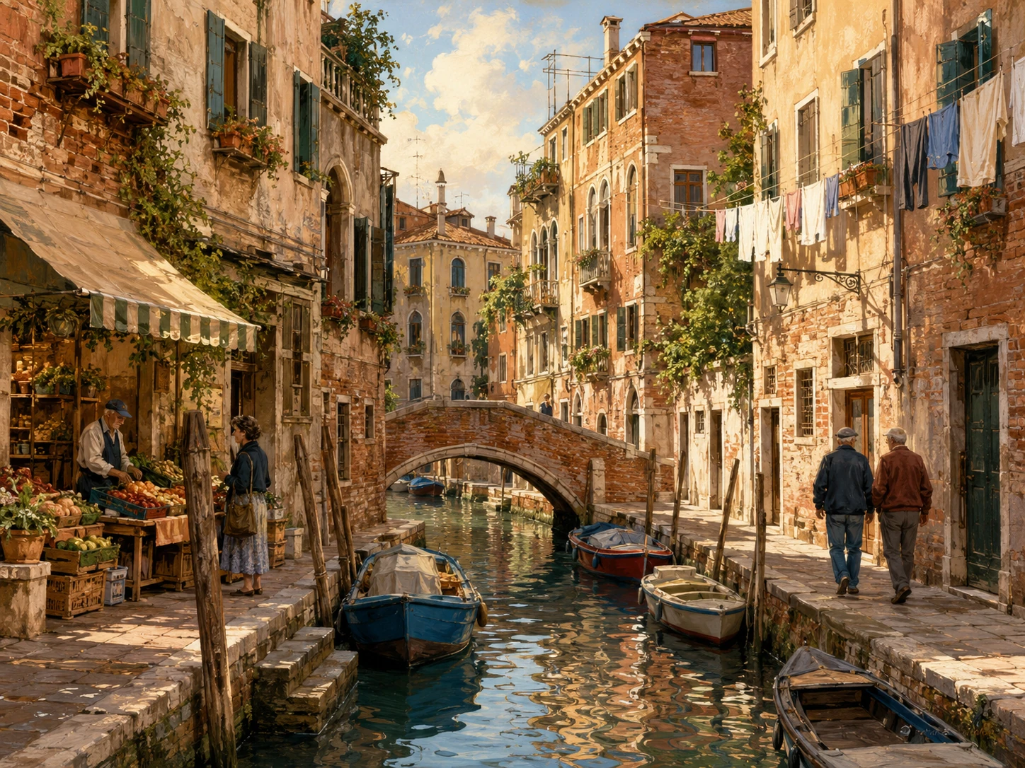 Quiet Cannaregio canal with a neighborhood market and small boats
