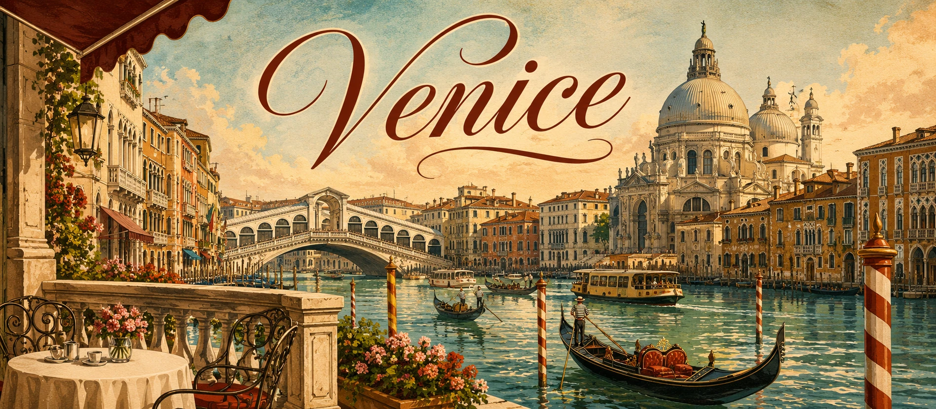 Illustration of Venice canals, bridges, domes, and travelers for a Venice travel guide