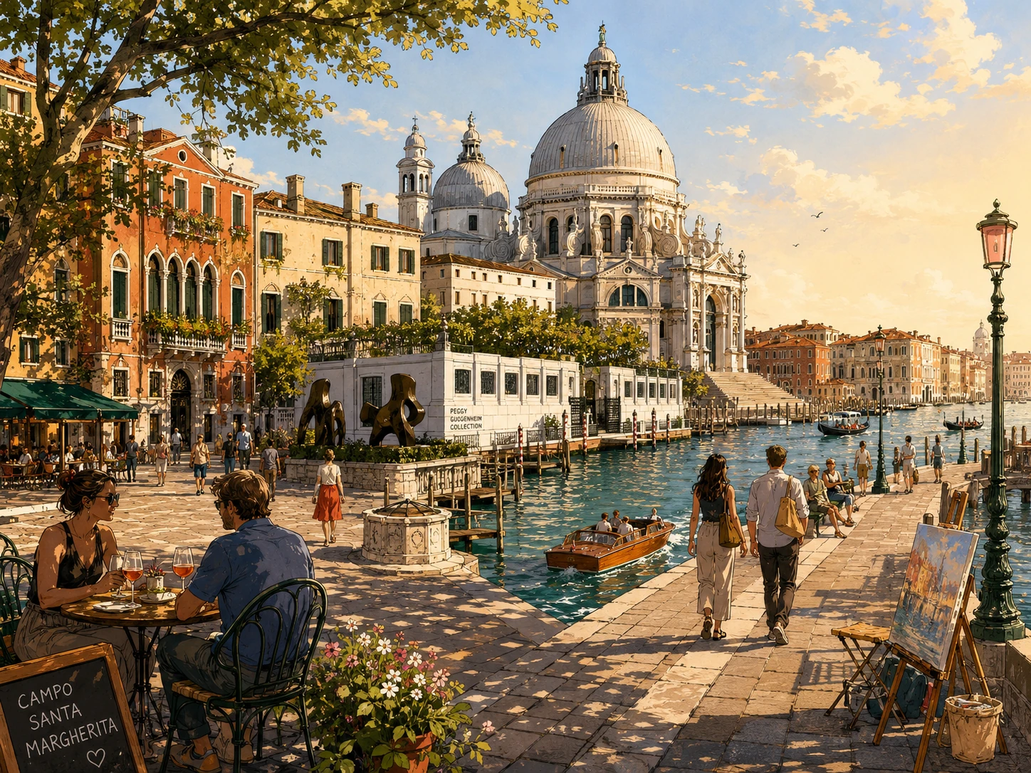 Dorsoduro waterfront with Santa Maria della Salute and canal-side cafes