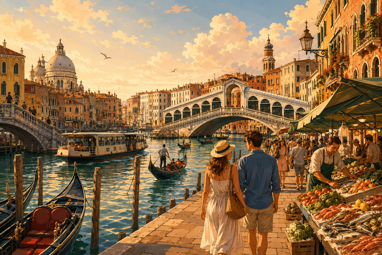 Rialto Bridge and the Grand Canal beside a Venetian market