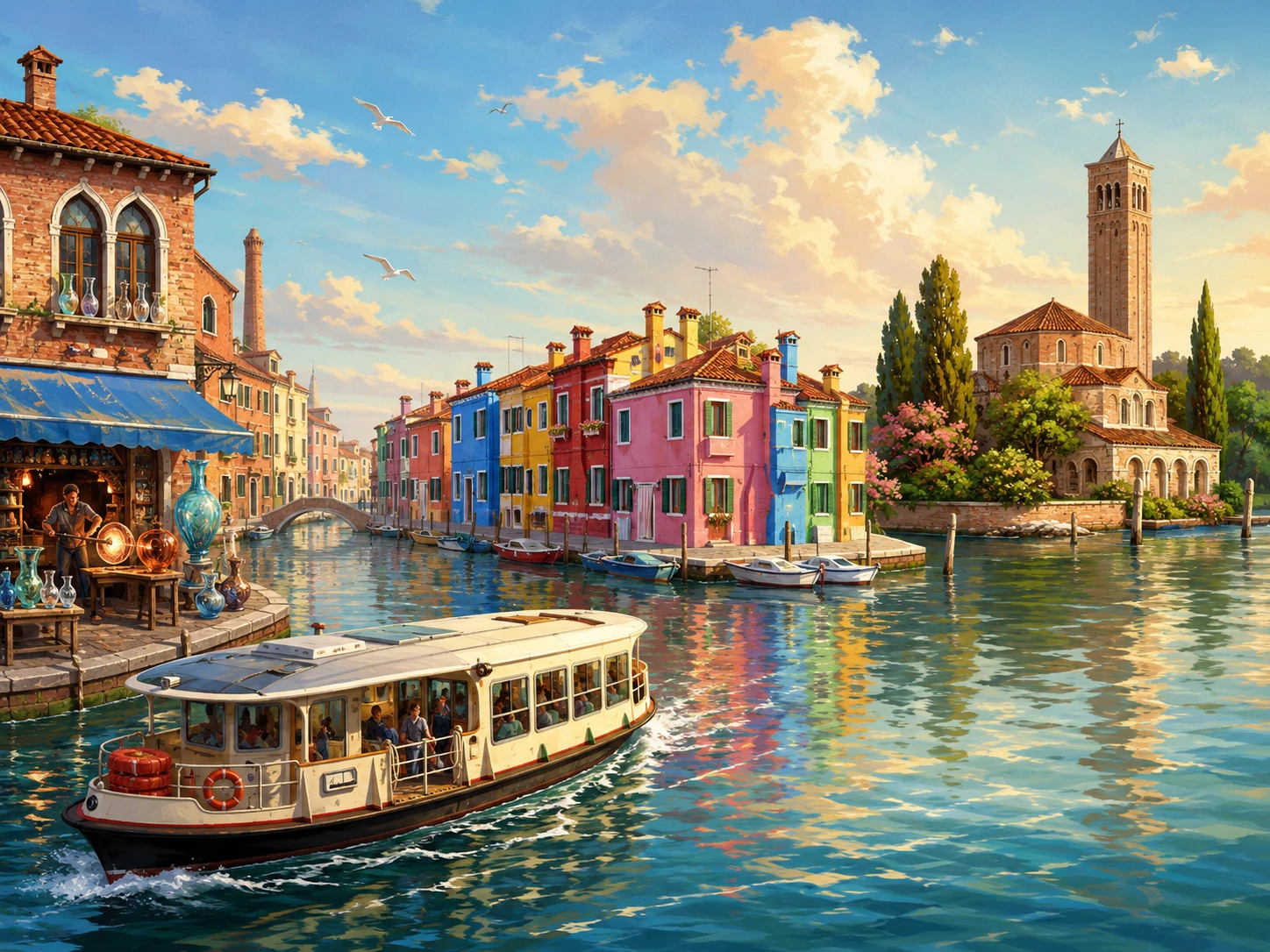 Colorful lagoon islands with a vaporetto, glass workshop and historic church