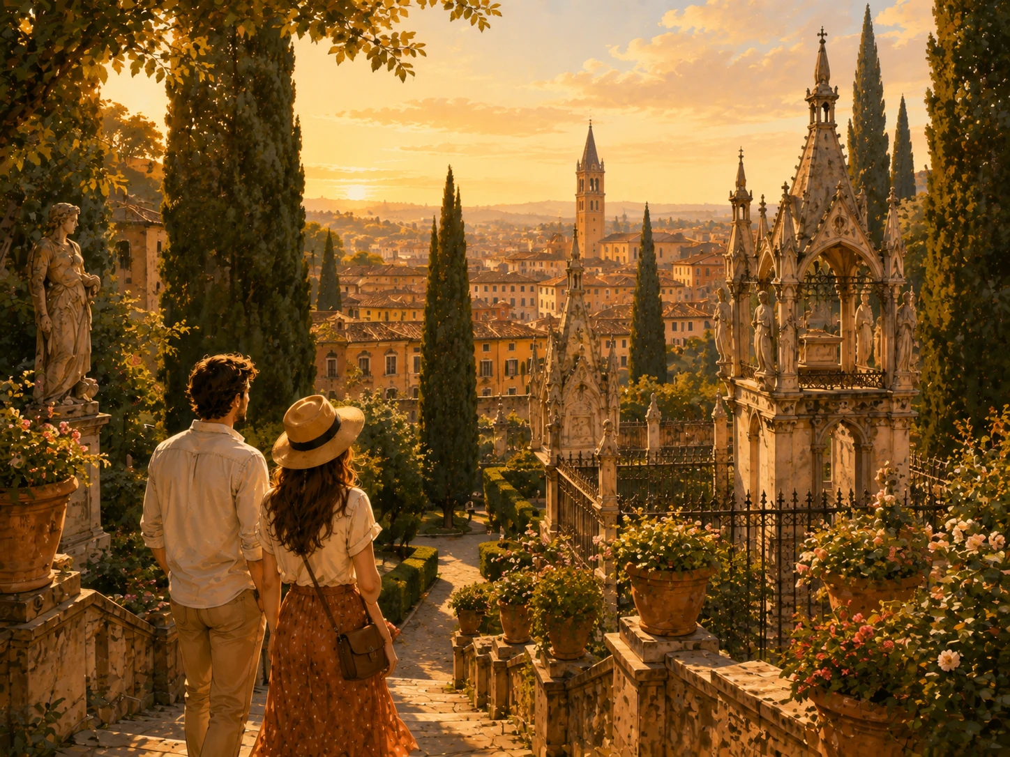 Travelers discovering gardens and historic monuments above Verona