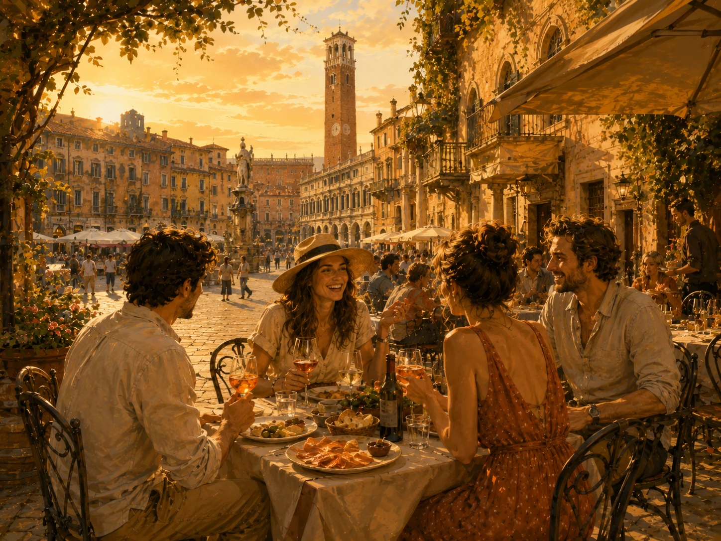 Friends enjoying food and Aperitivo in a historic Verona piazza