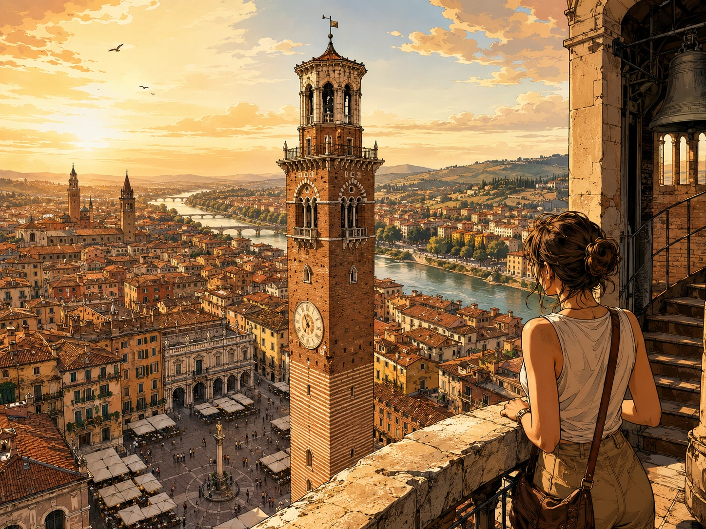 View over Verona from Torre dei Lamberti in golden evening light