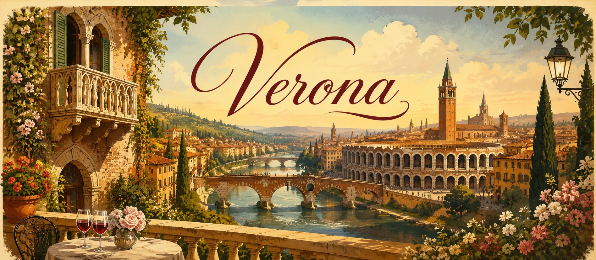 Illustration of Verona with the Arena, Adige river, historic rooftops, and romantic city atmosphere